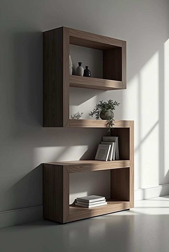 a simple logo with a black and white background for a custom and architectural furniture company. With two wooden shelves in "L" complementing each other and with the company name " d. Furniture" E ALGUNS ITENS dE dECORAÇÃO com estantes de madeira em L  transversal  ESCRITO "d.furniture