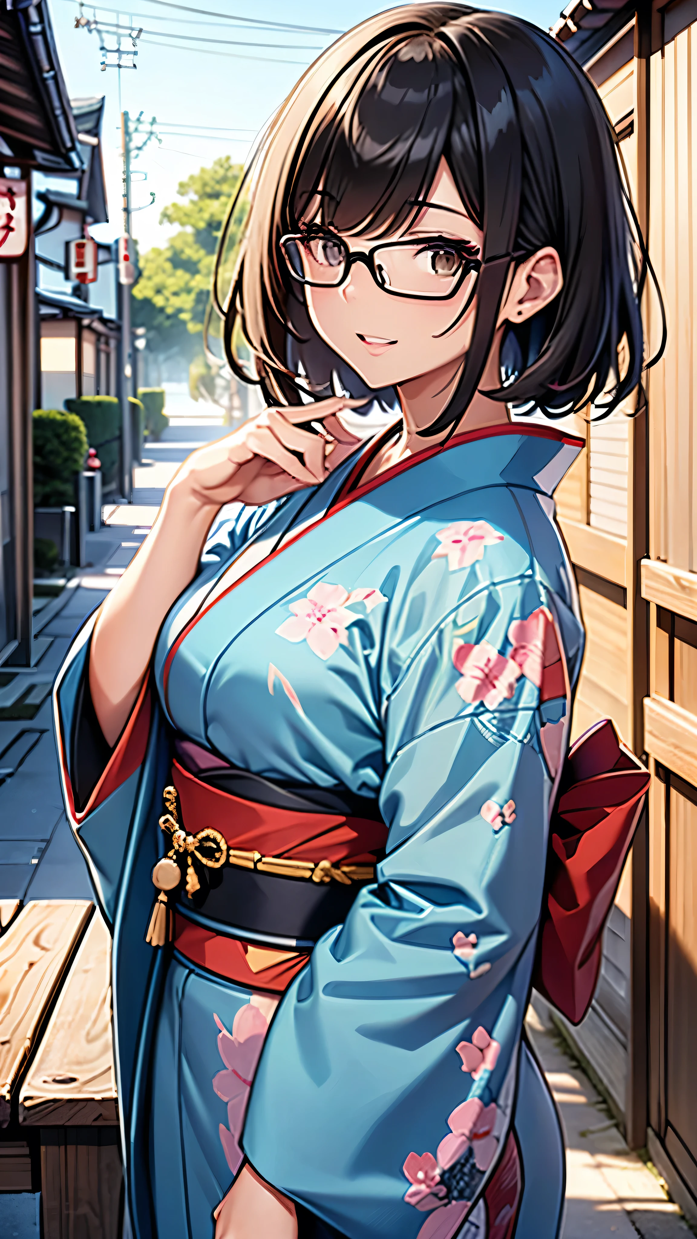 (Tabletop, Highest quality, Capture the cutest moments, Written boundary depth, Very detailed, Ultra-high resolution, C4D, Octadale, 3D Modeling, 8k, 16K, One Girl,, ,Black-haired,short hair,Straight hair,Light brown eyes, Horseshoe shaped hair band,Wearing black glasses,Laughter),kimono,Japan Textile Print