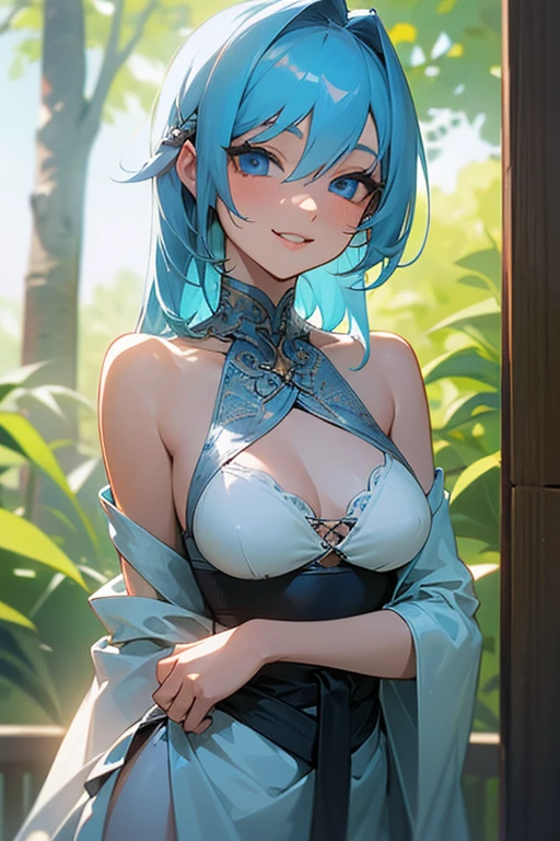 (masterpiece: 1.2, Highest quality), (Actual Photos, Intricate details), 1. woman, alone, Upper Body, bikini、Shoulder-length hair, Minimal makeup, Natural materials, Face close-up, smile, Home, (Light blue hair).blue eyes, Shoulder Bare、Smiling with teeth showing、(In the gap between my breasts).((Kiss with your eyes closed)).((sexy)).((Outdoor)).((Waist to waist)).