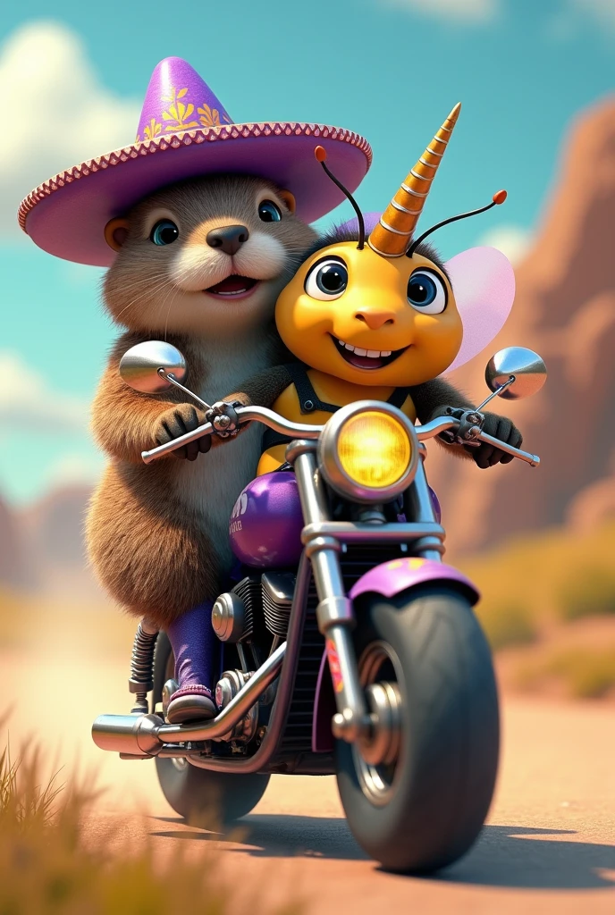 Une marmotte qui porte un chapeau mexicain violet en compagnie d'une licorne multicolore et d'un gros bourdon joyeux qui font tous les 3 de la moto, le bourdon conduit et la marmotte est passagère et la licorne est sur une moto individuelle