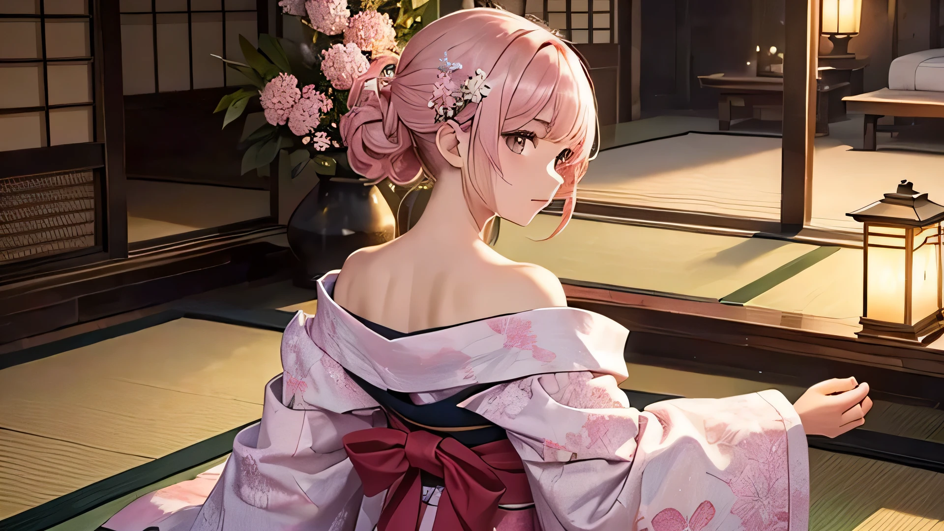 ((Highest quality)), ((masterpiece)), (detailed), One person, Off-the-shoulder sweater, Twelve-layered kimono、Light pink kimono、Back view、Lantern、Twilight、Tatami room、summer、Thistle flower