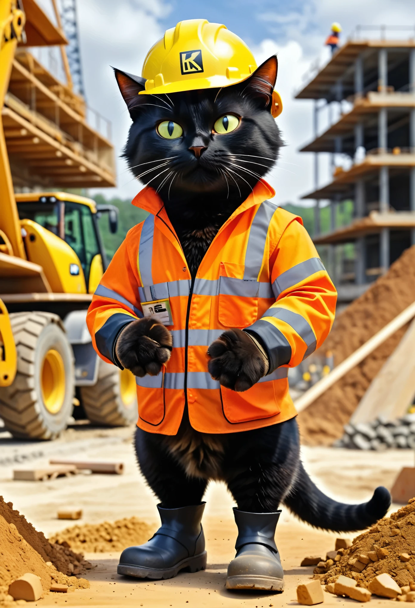 pixar animation style, picture of a black cat working as foreman at a construction site, wearing high visibility jacket made of ral-highvis, helmet, boots, 8k, hdr, masterpiece, extremely detailed, depth of field, detailed fur,