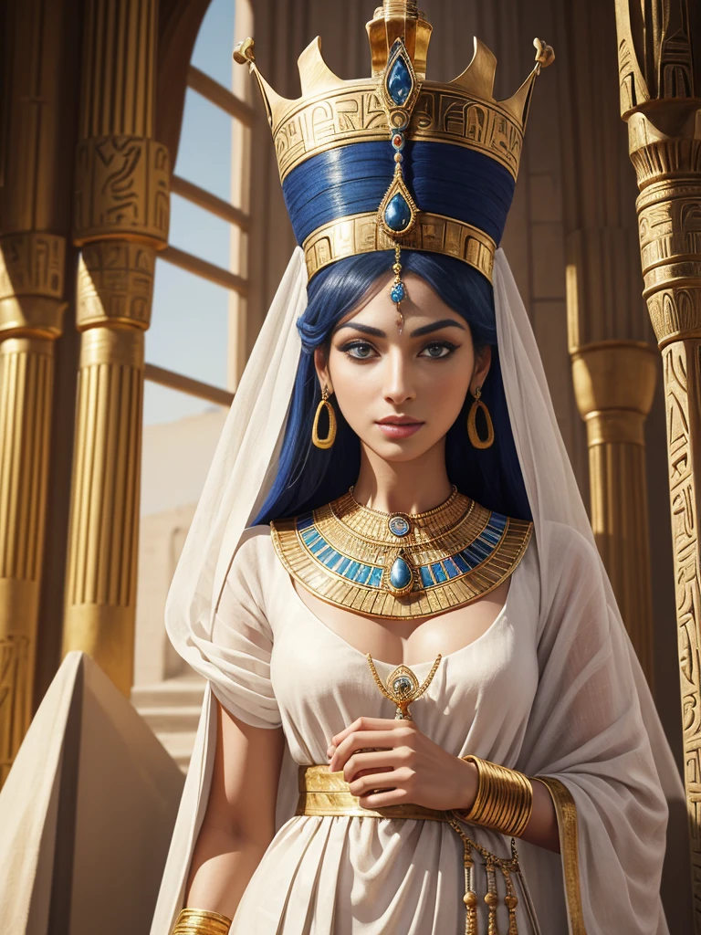 Create a highly detailed illustration of Queen Nefertiti from the 14th century BC, the Great Royal Wife of Pharaoh Akhenaten. Nefertiti is depicted with her iconic beauty, featuring a tall, flat-topped blue crown with a golden band and cobra emblem. Her face is shown with perfect symmetry, almond-shaped eyes lined with kohl, high cheekbones, and full lips. She wears a white, pleated linen gown adorned with gold jewelry, including a broad collar necklace and arm cuffs. The background should resemble an ancient Egyptian palace, with hieroglyphics and stone columns highlighting her royal status and the historical setting.