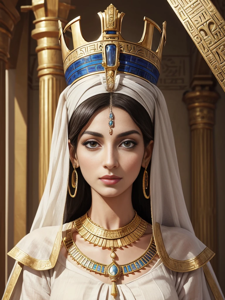 Create a highly detailed illustration of Queen Nefertiti from the 14th century BC, the Great Royal Wife of Pharaoh Akhenaten. Nefertiti is depicted with her iconic beauty, featuring a tall, flat-topped blue crown with a golden band and cobra emblem. Her face is shown with perfect symmetry, almond-shaped eyes lined with kohl, high cheekbones, and full lips. She wears a white, pleated linen gown adorned with gold jewelry, including a broad collar necklace and arm cuffs. The background should resemble an ancient Egyptian palace, with hieroglyphics and stone columns highlighting her royal status and the historical setting.