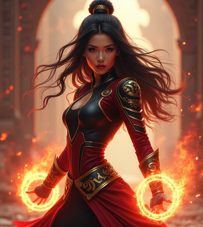 (A fierce and determined woman:1.4), (female version of Shang-Chi:1.4), (dressed in a sleek, modernized martial arts outfit:1.3), (((ten glowing rings swirling around her arms:1.4))), (dynamic and powerful pose:1.4), (large, expressive eyes filled with intensity:1.3), (flowing black hair with hints of red highlights:1.4), (dark red and gold accents on her armor:1.4), (ancient Chinese symbols and patterns intricately woven into her outfit:1.3), (background of a mystical, ancient Chinese landscape:1.3), (((energy and light emanating from the rings:1.4))), (highly detailed, cinematic quality:1.4), (vibrant colors with a focus on deep reds and golds:1.3), (mystical aura surrounding her:1.4), ((sharp, realistic facial features with a determined expression:1.3)), (epic atmosphere:1.4)