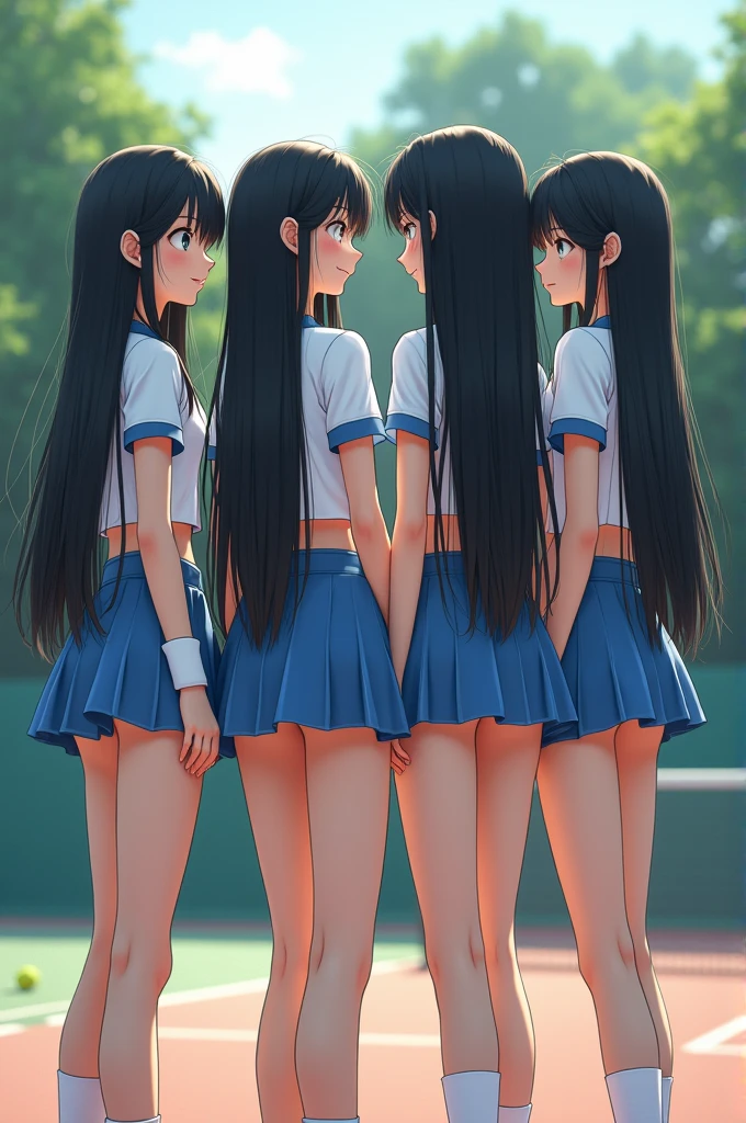 Four high school girls, very long and straight black hair, like rapunzel,with two pigtails,innocent face, tender, smiling shyly, perfect erect nipples, very big huge breasts, thin waist, long and shapely legs,with the index finger on the lips,with tennis,socks,whole body, Tennis court, cropped white navel t-shirt,very short blue plank sports microskirt, tennis ball, racket,wristbands on arms,(lifting the microskirt and showing buttocks and looking back) (views from behind) Best Quality, Masterpiece, high resolution, 8k, (realist: 1.4), Ultra high resolution, ultra detailed, Surreal, highly detailed CG illustration, Official Art, cinematic light,hyperreality,最high quality, Photoreal, 8k, high resolution, thin skin, 8k hd, Digital single lens reflex camera, light suit, high quality, film grain, fuji xt3