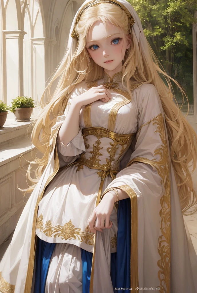 ((high resolution)), ((pale skin)), long hair blonde, ((11 ans)) fille, with blue eyes, blushing cheeks, souriant, tetas grandes, comme un druide fantastique