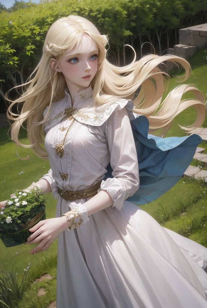 ((high resolution)), ((pale skin)), long hair blonde, ((11 ans)) fille, with blue eyes, blushing cheeks, souriant, tetas grandes, comme un druide fantastique
