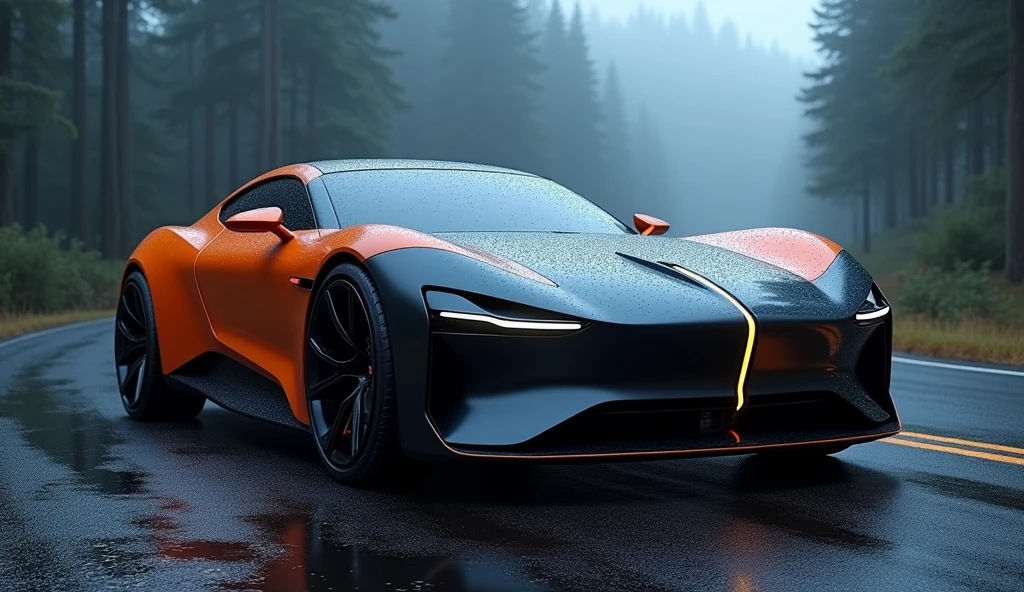 Créer une image HD 16K de haute qualité, ultra réaliste, photo réaliste, plan éloigné, plan plongeant, voitures prototypes année 2040. Vu de 3/4 avant, coupé 2 portes, coffre de type malle, Feux diurnes LED allumés en forme de demi-flèche se prolongeant sur la longueur de la calandre et 4 phares en cercle, intégrés dans la calandre, grande calandre avant en forme de V se prolongeant de droite a gauche, effet miroir gloss noir haillette vertical, Fenêtres et lunette arrière sur teintées, Intérieur moderne. carrosserie bicolores noir brillant et bas de caisse orange matte, Jantes gloss noires en Y, rétroviseur fin orange matte. Positionner sur route en virage, entourer de sapin, de nuit, pluie, leger brouillard, reflets des rayons lune sur carrosserie donant une teinte bleutée, ciel étoilé avec nuage epars . Logos en led en forme de V sur nez capot avant.