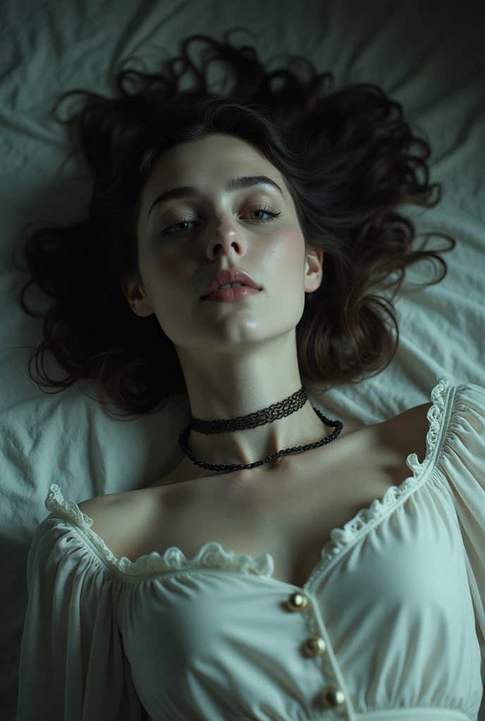 dead woman lying on a floor (lying), , inspired by Alexandre Cabanel, deathly pale skin, rope around his neck, naked, look of hate, cloudy eyes, russian white clothes, choker, victorian, beautiful with spooky vibes, murdered, Wallpaper, ultra high resolution, (photorealistic:1.4), cinematographic
