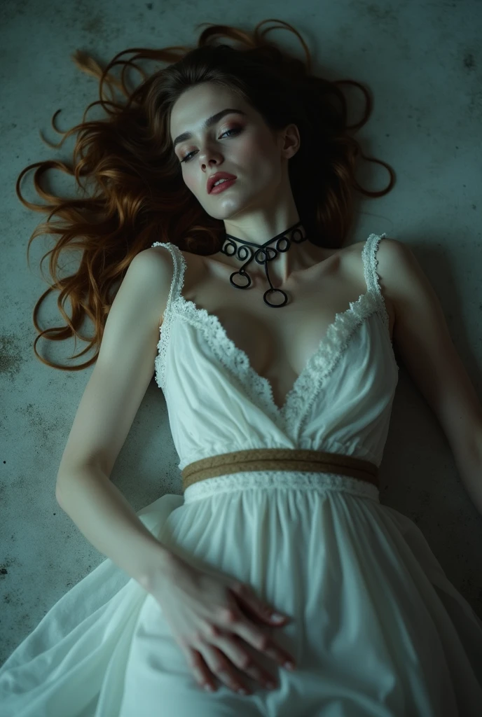 dead woman lying on a floor (lying), , inspired by Alexandre Cabanel, deathly pale skin, rope around his neck, naked, look of hate, cloudy eyes, russian white clothes, choker, victorian, beautiful with spooky vibes, murdered, Wallpaper, ultra high resolution, (photorealistic:1.4), cinematographic
