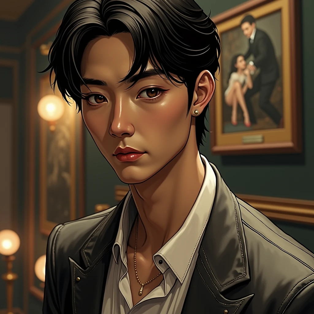 luca, a 2 young man with delicate facial features, dark brown almond shaped eyes and black hair, with Korean features. He is a boy who works in a pleasure house