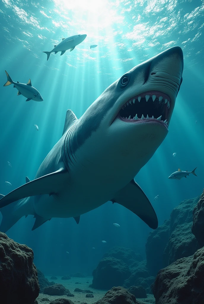 create an image 3:4 of a huge shark in an ocean full of details, It's a lot of detail.