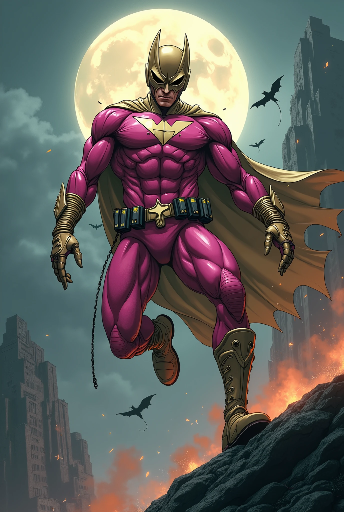 Malaysia man in high-tech suit, vivid effects, malaysian superhero (KELUANG MAN) in a striking pink and brown beige costume cyberpunk design((, mask small mini bat ear beige,)) daredevil beige mask, jumpsuit dark pink stands confidently in a dramatic.jumping from high place.hero costume.one hand rise up. (Big triangle logo on the chest.high detail Punisher logo on the chest)). Fighting pose , stormy landscape. ((Head covered node guard like batman. Running pose , athletic body type, small mini ear bat mask))The character wears domino mask a helmet with pointed mini torn ears and a flowing cape biege, open nose and mouth. Equipped with visible futuristic weapons on a belt,bullet proof jacket pink dark day.show fingers pose, dark night, big supermoon effect . Small logo on chest triangle shape small punisher logo center triangle cyber logo center on chest pink logo mini logo . rocky. Building top.smoke ground , bomb effect background, losse pants, losses costume.adding to --ar 3:4 --style raw --stylize 500 --v 6.1. chaos. Lot of small flying bat. One leg on the high stone. Man. Backpack . Real man age 40 year old. One hand holding belt.one hand holding black rope hanging on building