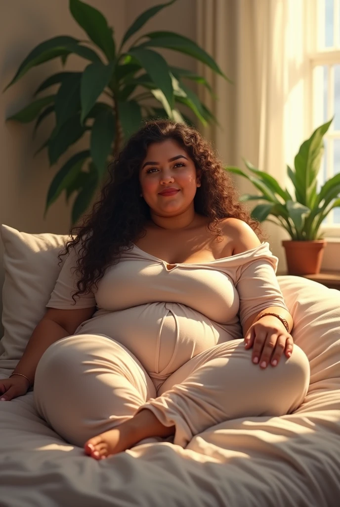 (photorealism:1.2), beautiful woman, chubby, lying on bed, wearing loose off-shoulder top, pajama pants, long curly hair, indoors, soft lighting, plants in background, window with sunlight, cozy room, relaxed pose, realistic, intricate details, warm colors, sleepy