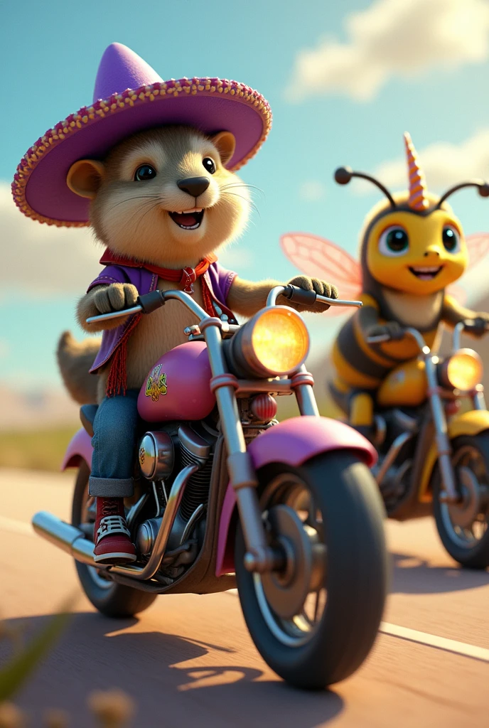 Une marmotte qui porte un chapeau mexicain violet en compagnie d'une licorne multicolore et d'un gros bourdon joyeux qui font tous les 3 de la moto, le bourdon conduit et la marmotte est passagère et la licorne est sur une moto individuelle 