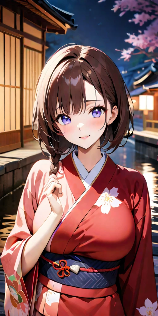 ((Highest quality、masterpiece、anime style、best quality、high resolution、8k、detailed、ultra-detailed:1.3))、Long legs:1.2, Beautiful woman with perfect figure:1.4、(Smiling:1.2), double eyelid、30-year-old female、((((One Woman,beautiful face,Beautiful face、Japanes,Japan,Riverside、Kyoto、kimono、 night,upper body:1.5)))),Big Breasts、High resolution, accurate, Anatomically correct, Winner of numerous awards, High-resolution model, high quality, Very detailed, Ultra high definition, Textured skin