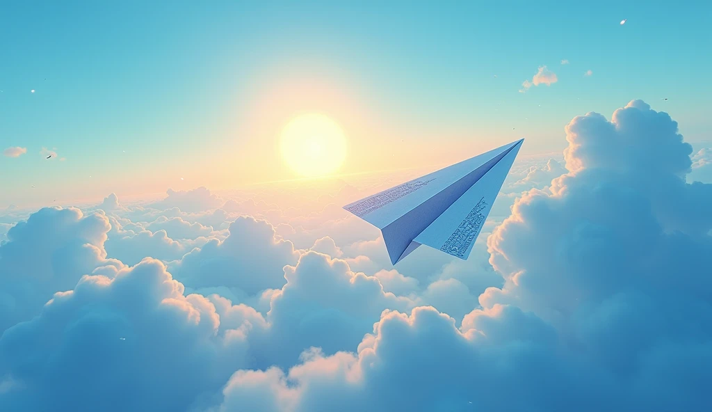 An ultra-high-resolution animated illustration depicting a sky with a rising sun and a big paper airplane flying over blue clouds, viewed from above, displayed on a very wide screen.