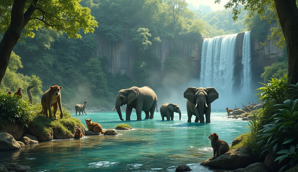 Monkeys spying on the Elephants, Elephants are standing in the river of forest, garden of Eden at an enchanting waterfall, crystal clear blue water, animals as big as an elephant and lions animals as small as a beaver, rabbit, squirrel and deer, peacocks, parrots, we love them all! extremely detailed, High definition, 32K UHD, High resolution, Style Raw,
