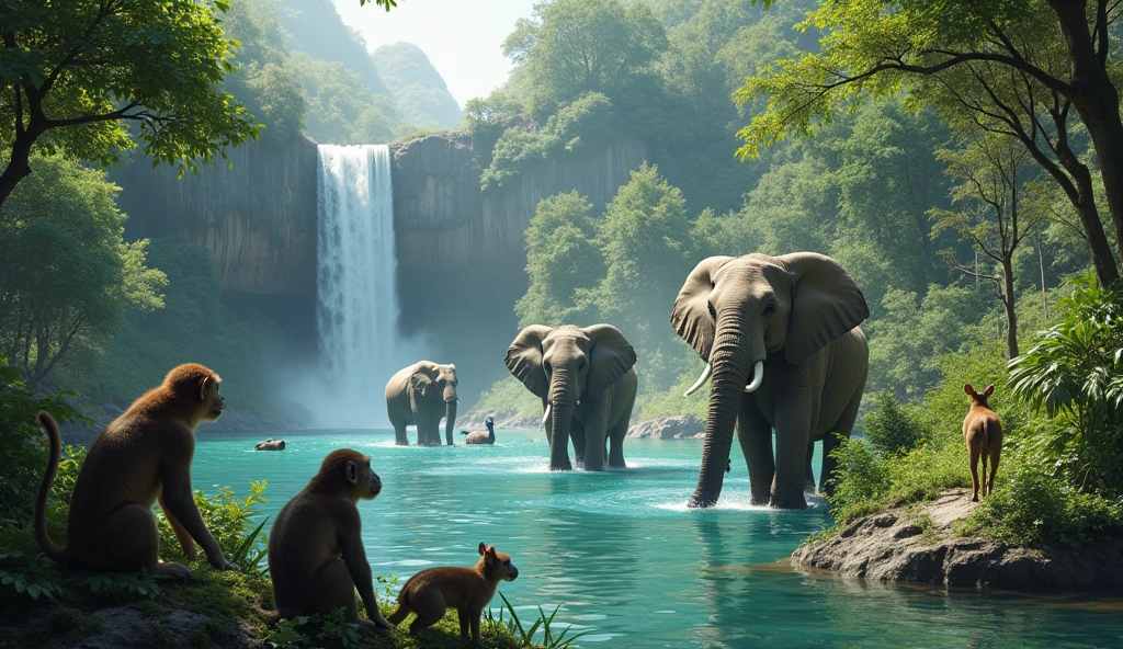 Monkeys spying on the Elephants, Elephants are standing in the river of forest, garden of Eden at an enchanting waterfall, crystal clear blue water, animals as big as an elephant and lions animals as small as a beaver, rabbit, squirrel and deer, peacocks, parrots, we love them all! extremely detailed, High definition, 32K UHD, High resolution, Style Raw,