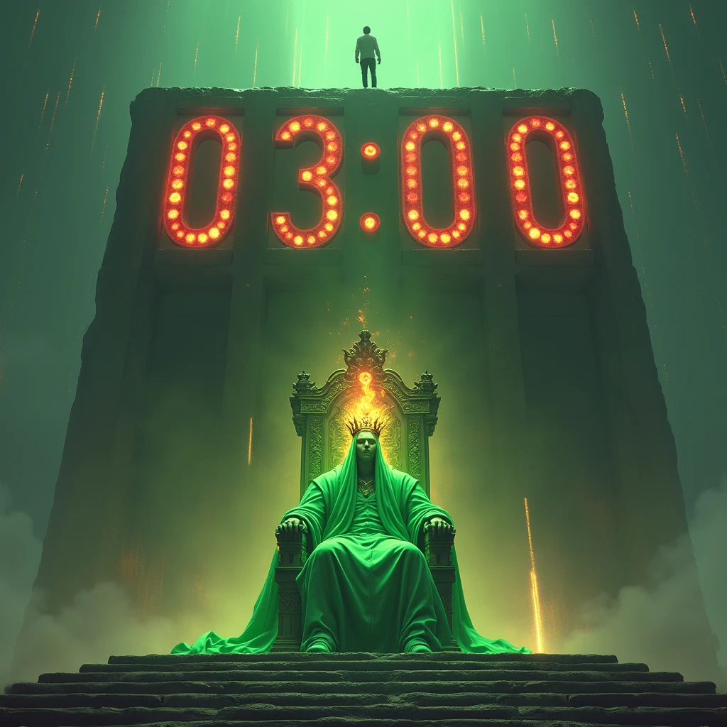 Draw a giant timer with 03 on it:00 hours, with a person looking down and in front of the giant timer a throne with a very powerful green being with a crown with eyes releasing fire, a lot of red fire 