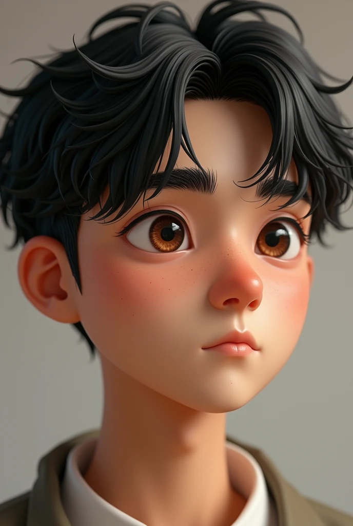 The man has a youthful, slightly oval face., with subtly marked cheekbones that give balance to her expression. Her skin is light-toned and shows some acne marks on both cheeks., which are visible but not exaggerated, giving a natural and realistic look to your skin. His eyes are a dark brown color, Medium in size and slightly almond shaped. The character&#39;s gaze is serious and introspective, framed by straight eyebrows, Medium thickness, and well defined. The eyebrows are placed in a way that enhances the intensity of her eyes., giving him a thoughtful expression. The nose is straight and a little thick but proportionate., with a soft bridge and a slightly rounded tip, harmonizing well with the rest of your facial features. The lips are thin and well defined., with a slight natural curvature that gives it a neutral expression, neither smiling nor frowning. The upper lip is slightly thinner than the lower lip.. hair is straight, of a dark black color, and long length. It falls naturally and a little messily on the forehead., lightly covering the eyebrows, and extends to just above the ears on the sides. The hair has a fine texture and a natural shine., with some strands falling over the forehead and this hairstyle is bookish . and make it look realistic
 
