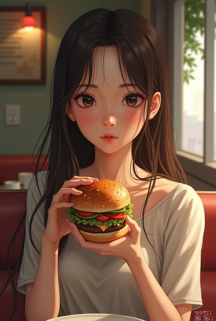 A teenage girl with long brown hair and a narrow face eating a hamburger
