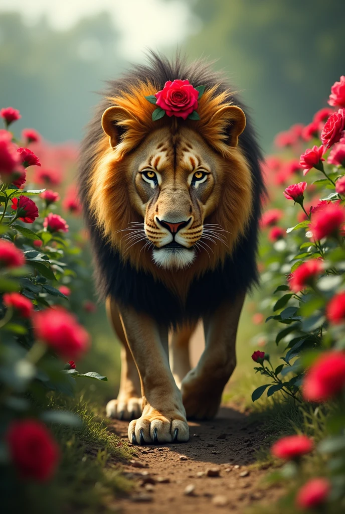 Create an image of a lion walking over a rose plantation, where a rose is visible above one of his ears, You can see on the lion's hands the scars from the cuts made by the rose bush's thorns and the lion is roaring furiously
