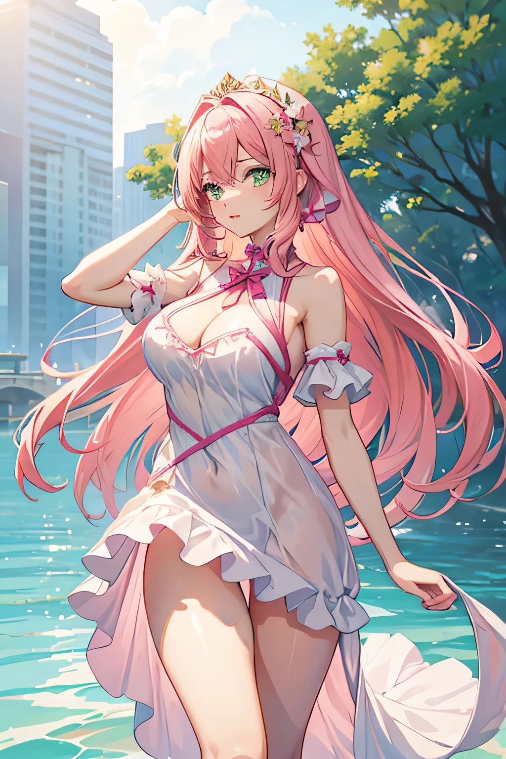 One Girl, anime, beautiful, attractive, young woman, Long pink hair, Tied Hair, attractive and large breasts, Green eyes with reflection, Pink hair accessories, animeスタイル, Delicate features, Graceful pose, Focus on character,Wearing a one-piece dress
