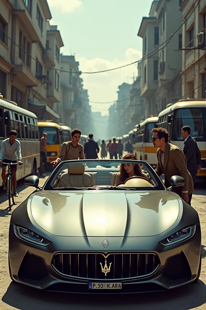 Create a section of the drawing that shows a luxurious car with elaborate details., surrounded by people enjoying comforts.Side of the Affected: By contrast, It represents a worn-out part with buses in poor condition or bicycles in precarious conditions, with people facing difficulties.