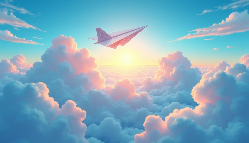 An ultra-high-resolution animated illustration depicting a sky with a rising sun and a big paper airplane flying over blue clouds, viewed from above, displayed on a very wide screen.