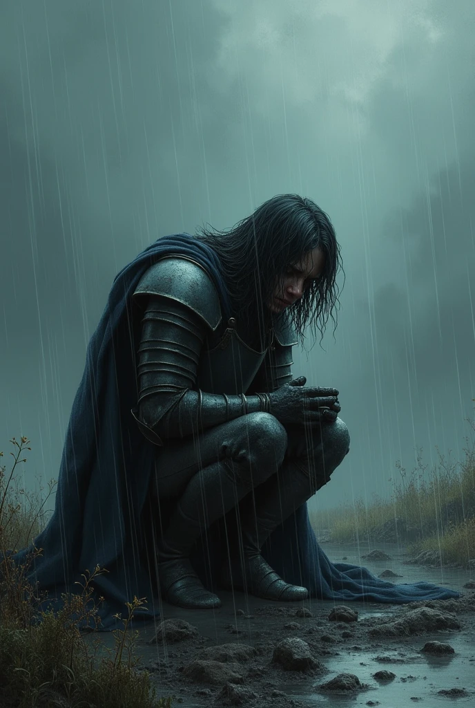 knight crying sadly under the rain on a very cloudy day