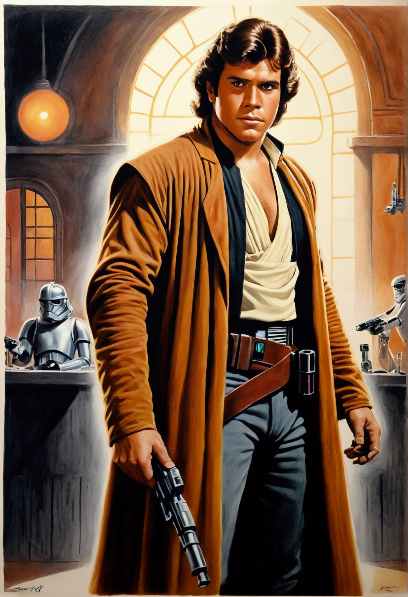 An illustrated movie poster, hand-drawn, full color, a young Star Wars gunslinger, 21-years-old, male, wearing a duster, portly figure, broad shoulders, muscular, hairy body, lost of body hair, brown eyes, brown-black hair, curly voluminous mane, sun-tanned skin, resembles Lou Ferrigno, standing in a seedy cantina, graphite shading, stencil marks, airbrushed acrylic paint, masterpiece, in the style of Drew Struzan