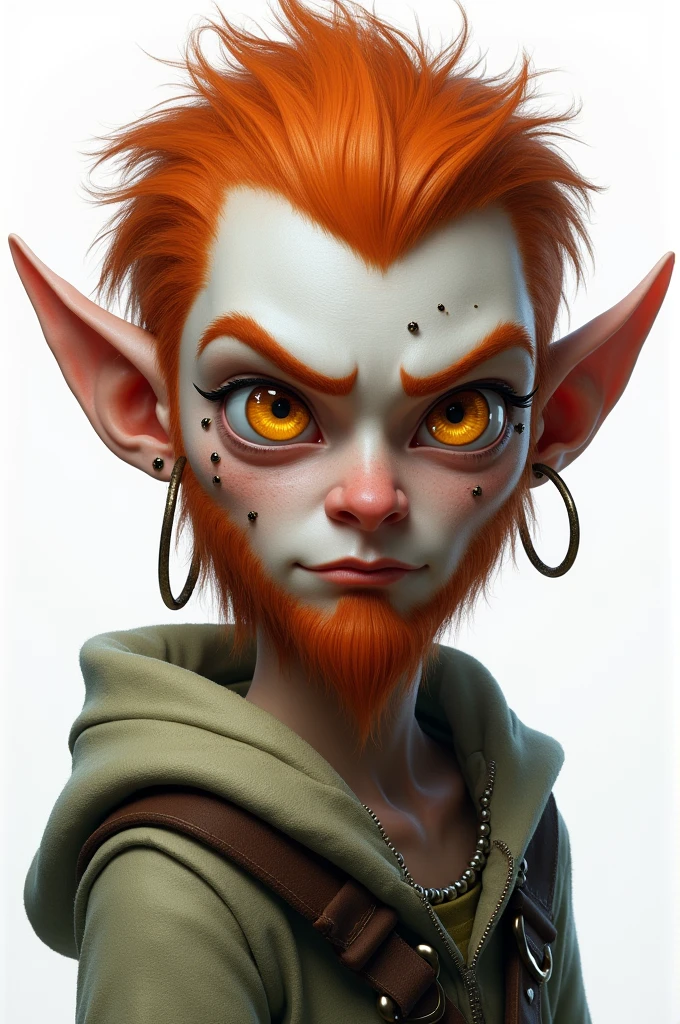 Young beardless man with red-orange hair, elf, yellow eyes, parts, piercings in the ears and one in the lower lip, moles on the tip of the nose and under the eye on the left side. White skin, grumpy face, White background.