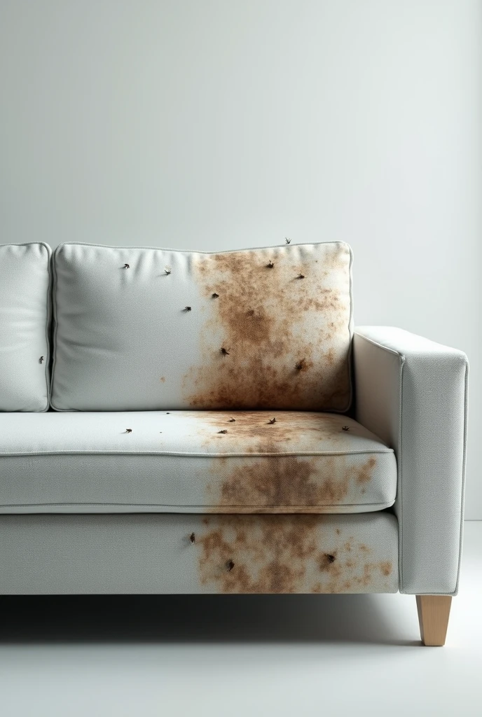 sofa half clean with professional sanitization and waterproofing and the other half dirty with mites and stains