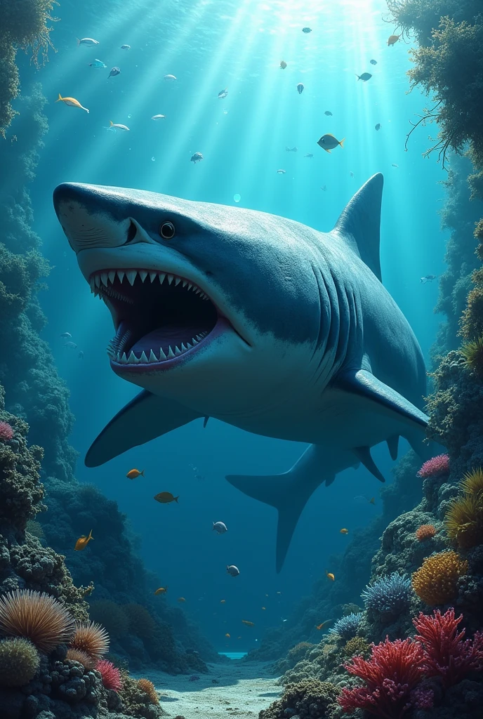 create a 712 width and 430 height image of a huge shark in an ocean full of details, It's a lot of detail.
