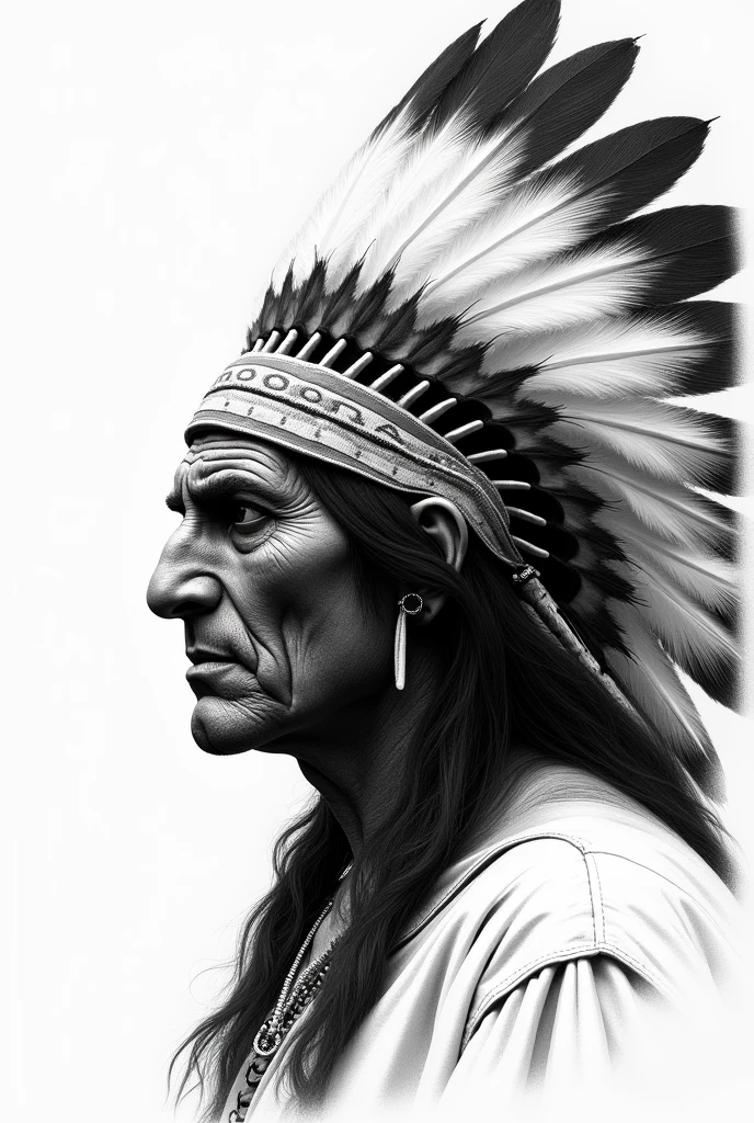 Side- centered potrait, red indian chief, war face, angry, big feather hat, black and white drawing. Clear background, semi skull face, fit to image