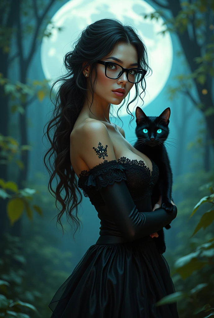 a witch with her hat under the full moon in a forest white skin light brown eyes thick lips with black square rim glasses straight waist-length dark brown hair with a crown tattoo on her right chest beautiful build big butt legs with her black cat blue eyes 