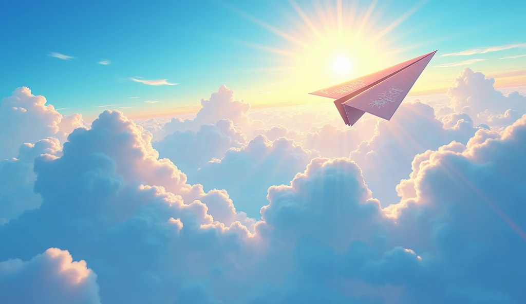 An ultra-high-resolution animated illustration depicting a sky with a rising sun and a big paper airplane flying over blue clouds, viewed from above, displayed on a very wide screen.