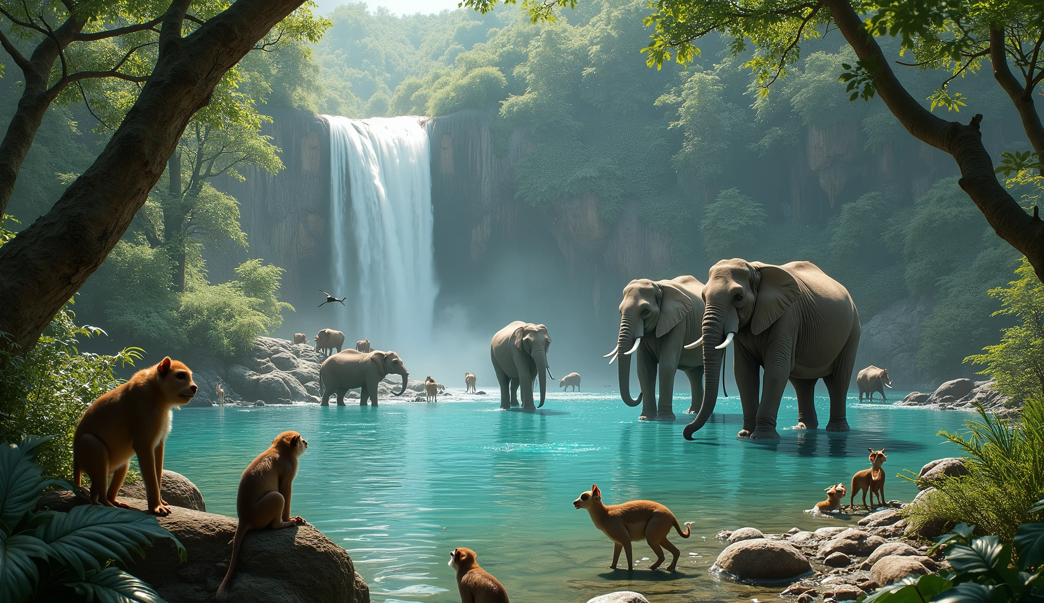 Monkeys spying on the Elephants, Elephants are standing in the river of forest, garden of Eden at an enchanting waterfall, crystal clear blue water, animals as big as an elephant and lions animals as small as a beaver, rabbit, squirrel and deer, peacocks, parrots, we love them all! extremely detailed, High definition, 32K UHD, High resolution, Style Raw,