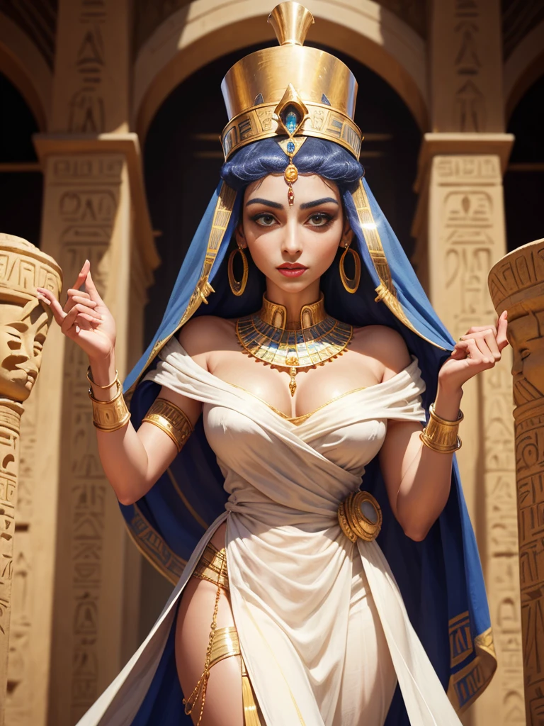 Create a highly detailed illustration of Queen Nefertiti from the 14th century BC, the Great Royal Wife of Pharaoh Akhenaten. Nefertiti is depicted with her iconic beauty, featuring a tall, flat-topped blue crown with a golden band and cobra emblem. Her face is shown with perfect symmetry, almond-shaped eyes lined with kohl, high cheekbones, and full lips. She wears a white, pleated linen gown adorned with gold jewelry, including a broad collar necklace and arm cuffs. The background should resemble an ancient Egyptian palace, with hieroglyphics and stone columns highlighting her royal status and the historical setting.