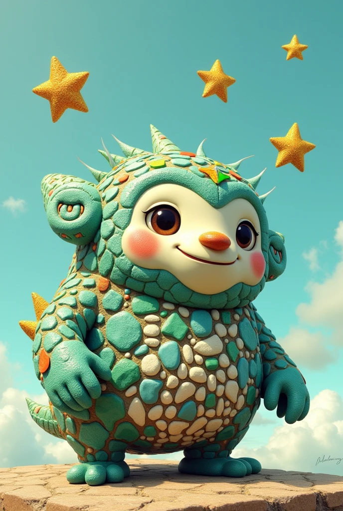 Make me an image that has a chungungu with the cover of Antofagasta with green and blue and white in stones and with three stars
