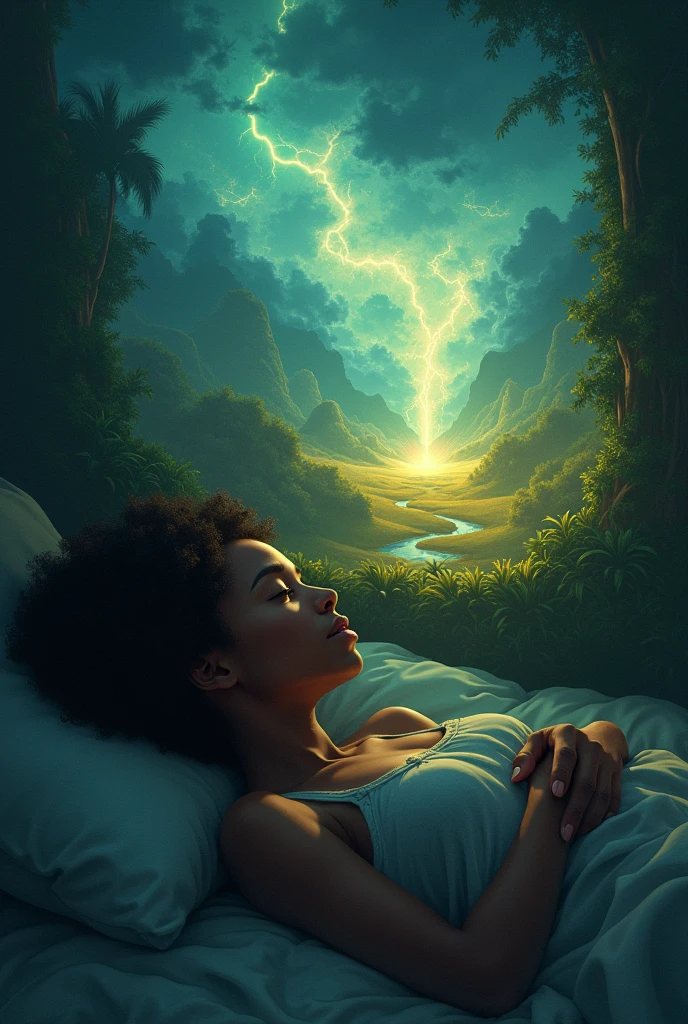 Nerissa jeune fille afro haïtienne,; air fatiguée est allongée dans la pièce sombre, les yeux fermés et dans son monde imaginaire, avec une brume lumineuse au-dessus de sa tête et dans la brume, des rêves vifs, peignant des tableaux de collines verdoyantes, de rivières cristallines . Elle se voyait déjà, courant à travers les champs dorés, à la rencontre des Ancêtres, Le vent dans les cheveux, amis à ses côtés. Personnages, manbo Cecile Fatima ( Héroïne bois caïman), animés sourient et jouent joyeusement.