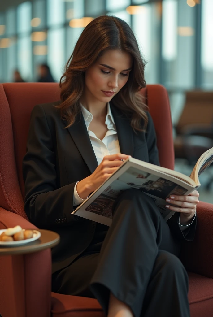Lady with a magazine and a packet of biscuits at an airport