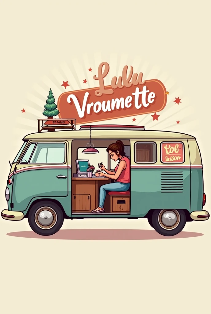 Cree un logo pour une onglerie sur roues dans un fourgon emménager, qui s'appelle "LULU VROUMETTE". Il y a une dame au cheveux brun qui fait une manicure, dans un fourgon.
