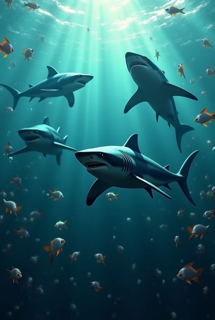 Four sharks among small fish