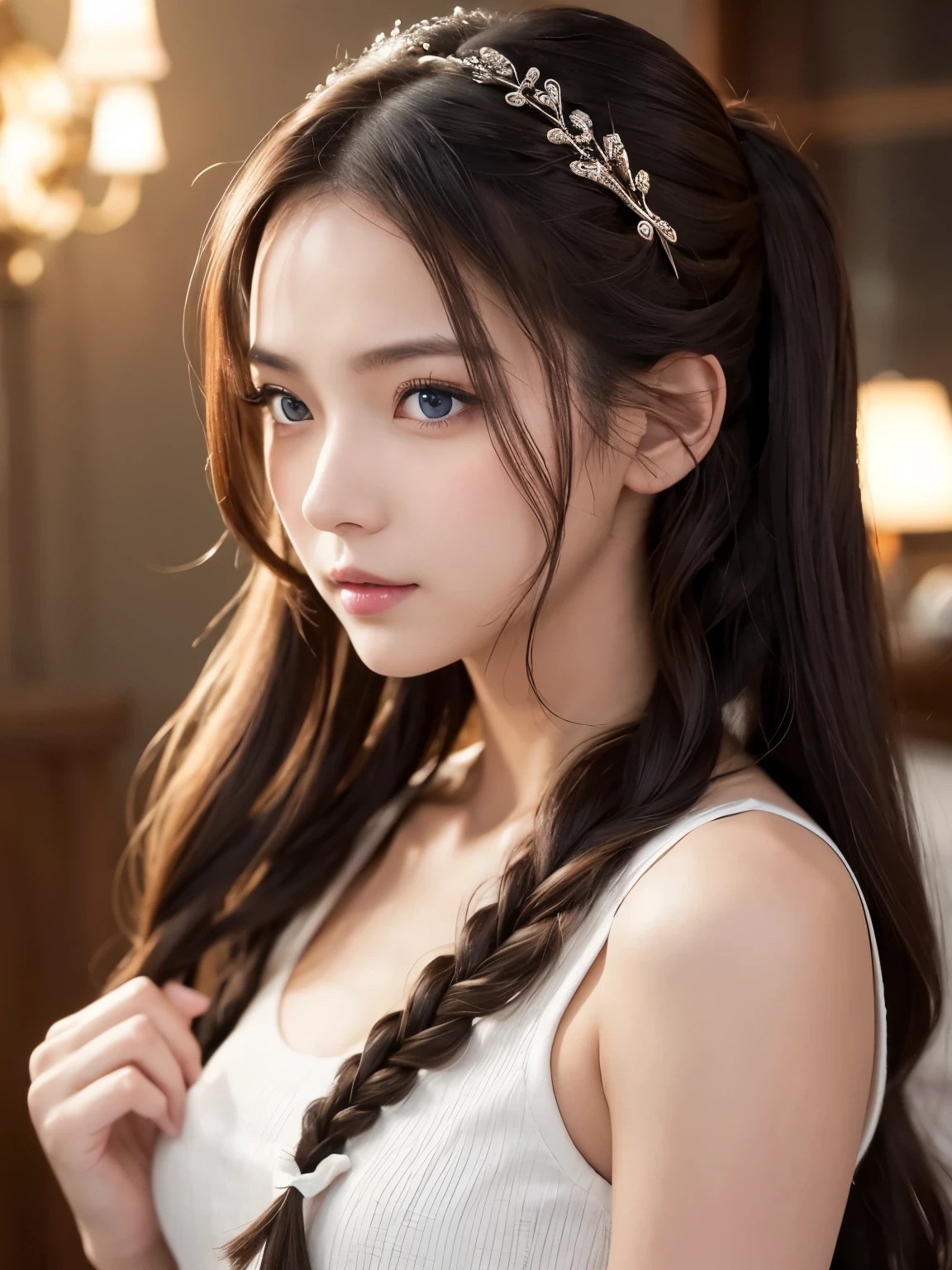 She has long, flowing レインボーhair、The intricate braids and hairpins give it a dynamic look.。The hairstyle frames her delicate face.、Her blue eyes stand out, exuding a gentle yet confident expression.。She is wearing a black sleeveless outfit.、It has purple accents and a large bow around the waist.。The matte texture of this outfit、It contrasts beautifully with her shiny hair.。The characters are posed in a relaxed yet seductive manner.、Raise one arm behind your head、Gently support your elbow with your other hand。Her skin is smooth and white、The soft lighting highlights the contours of the arms and face.。The background is a subtle dark gradient.、It exudes a calm yet intense atmosphere with the focus entirely on the characters.。