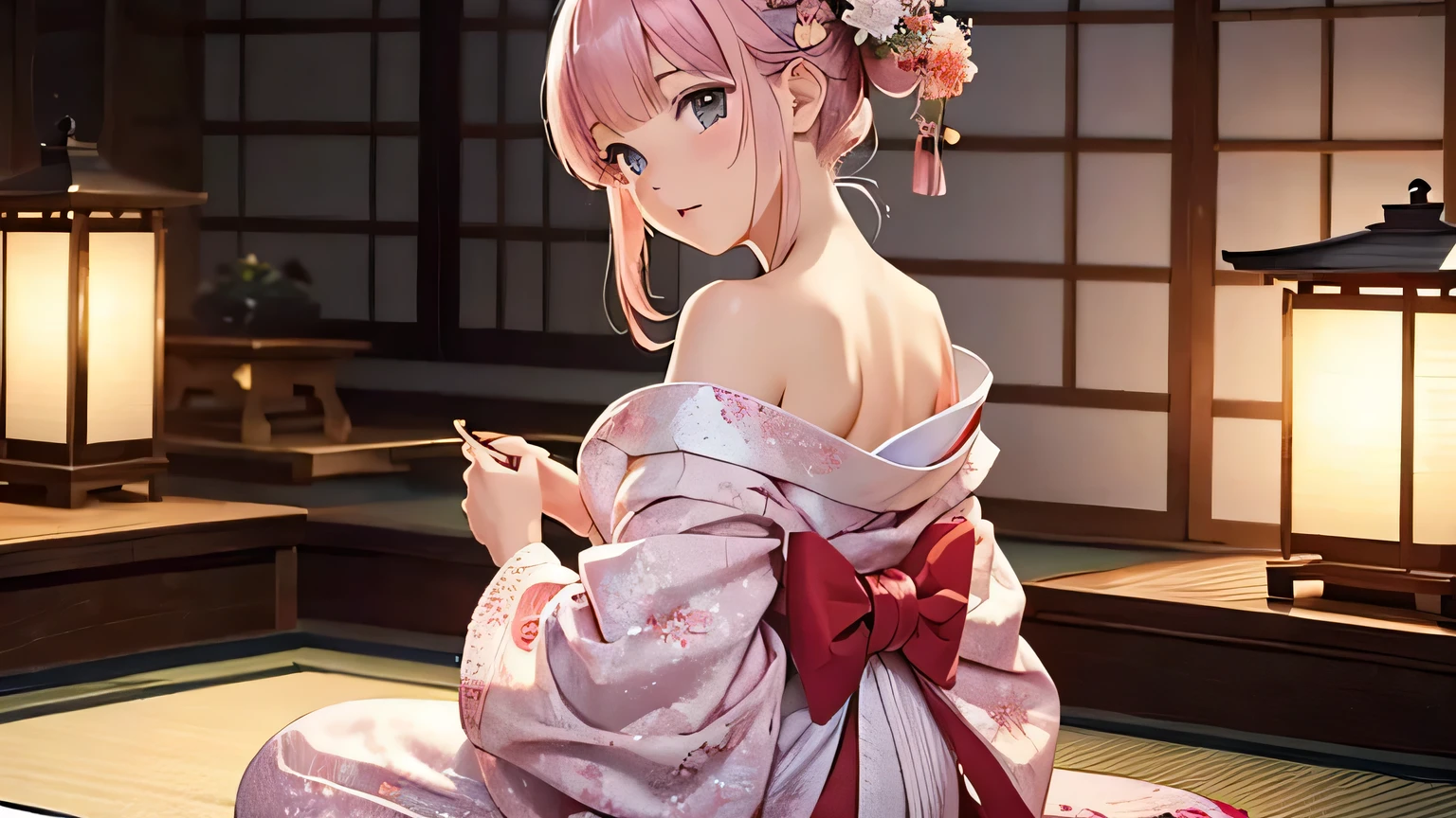 ((Highest quality)), ((masterpiece)), (detailed), One person, Off-the-shoulder sweater, Twelve-layered kimono、Light pink kimono、Back view、Lantern、Twilight、Tatami room、Snow Scene、look up