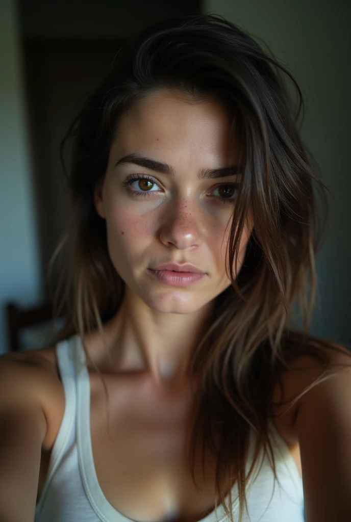 Brunette adult female selfie in Houston Texas, tank top, at home, depressed, dirty hair, greasy hair