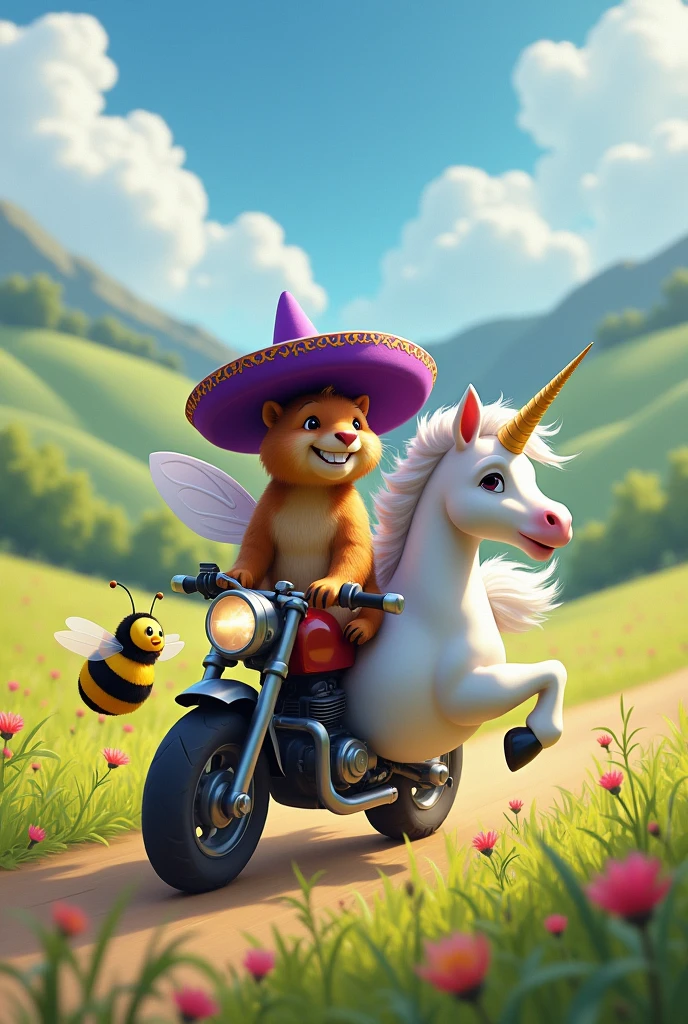 Une licorne en compagnie d'un bourdon joyeux et d'une marmotte qui porte un chapeau mexicain violet et qui font de la moto